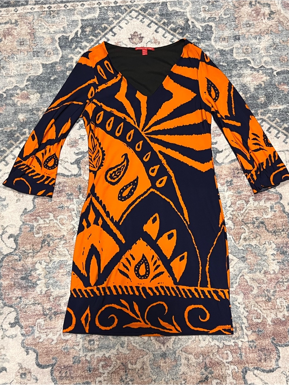 Nicola Antoni Orange & Navy Print Midi Dress - , V-Neck Sleeve Detail